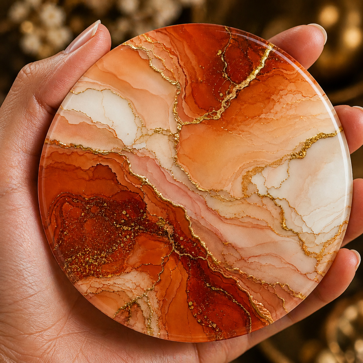 Terracotta marble effect coaster with gold veining held in hand, round 9.5cm cork backed drink coaster warm home decor