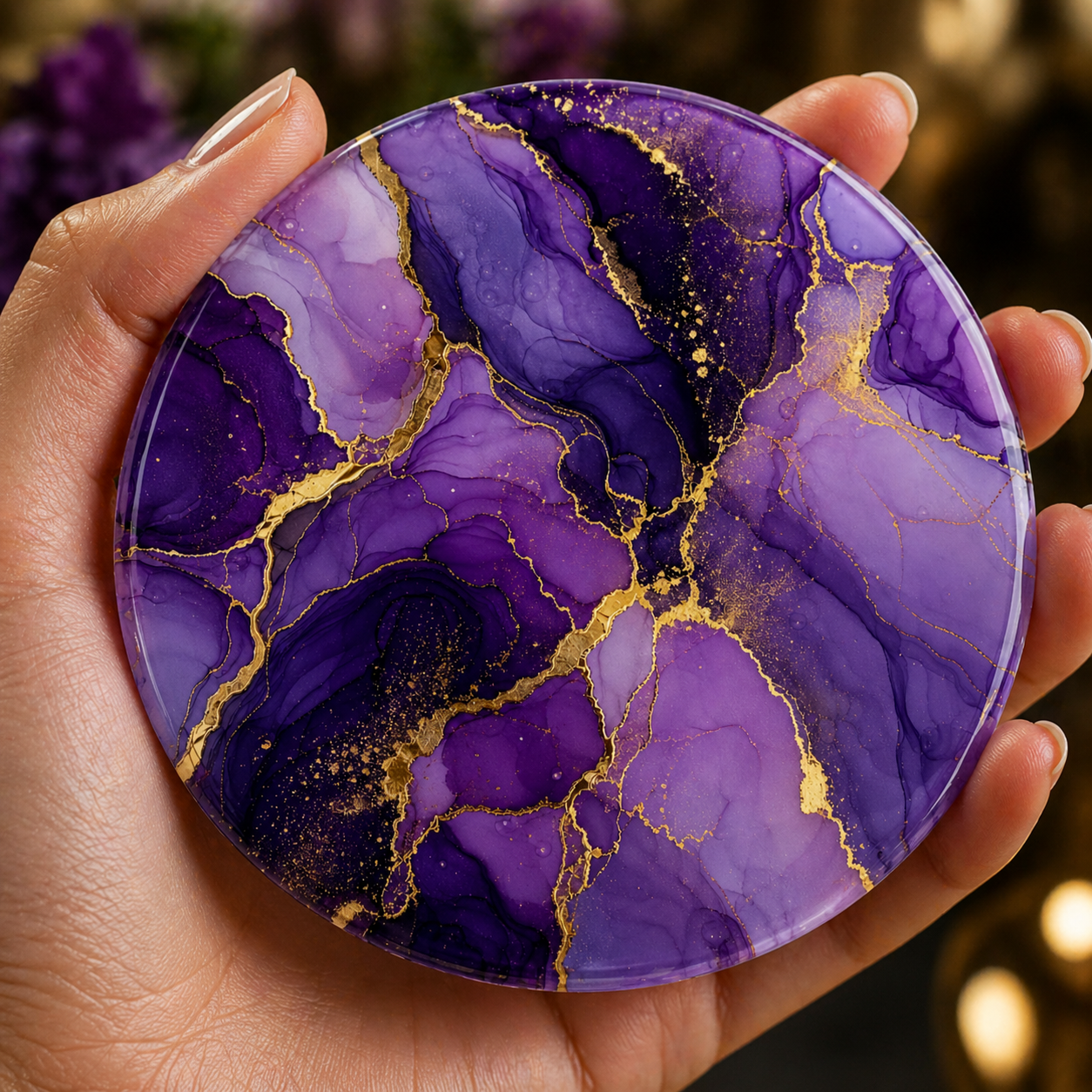 Purple marble effect coaster with gold veining held in hand, round 9.5cm cork backed drink coaster luxury decor