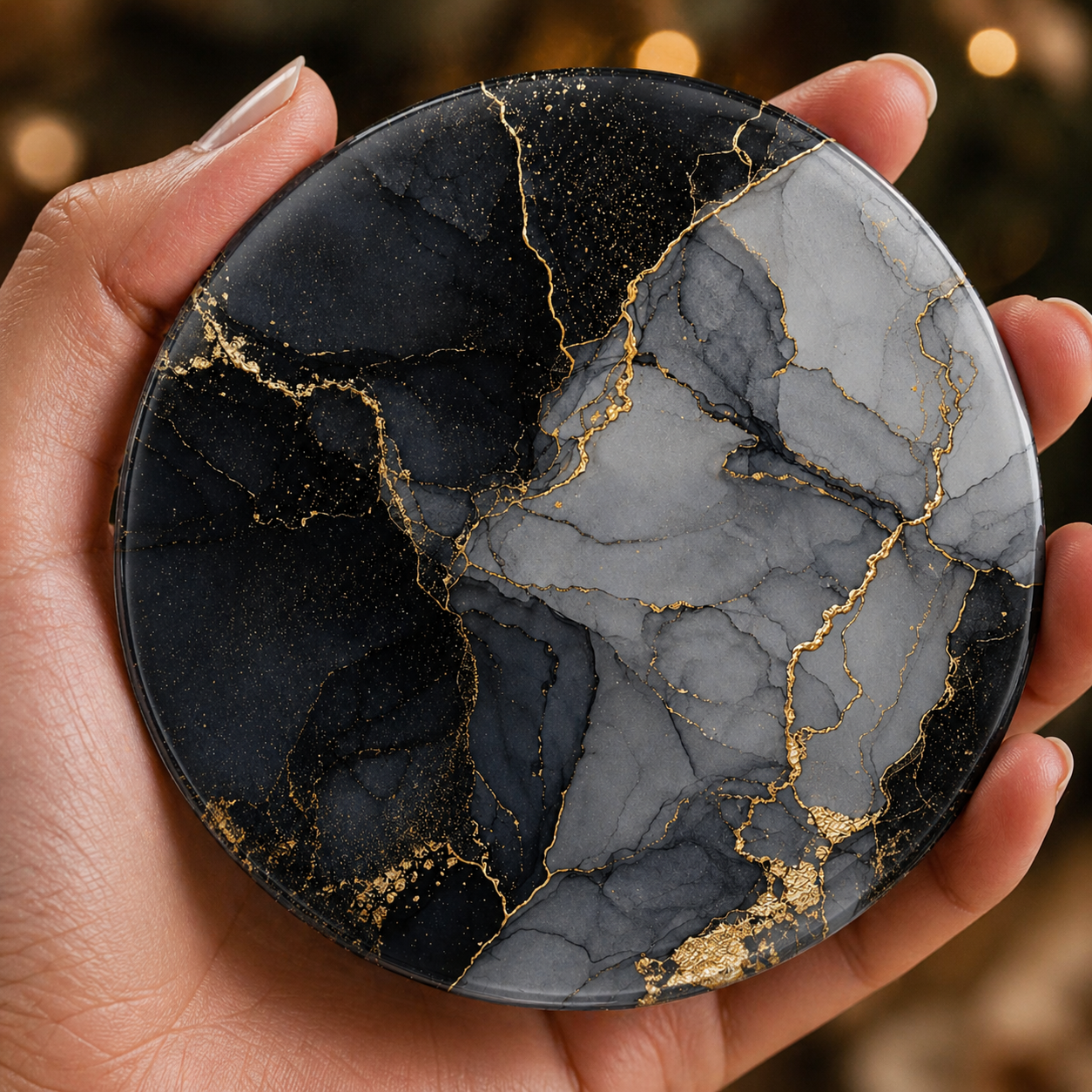 Charcoal marble effect coaster with gold veining held in hand, round 9.5cm cork backed drink coaster modern decor