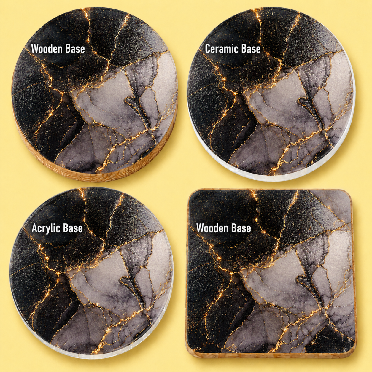 Four round and square coasters with a black, gray, and gold marble pattern, arranged in a 2x2 grid on a yellow background. Each coaster shows a different base material label: Wooden Base, Ceramic Base, Acrylic Base, and Wooden Base.