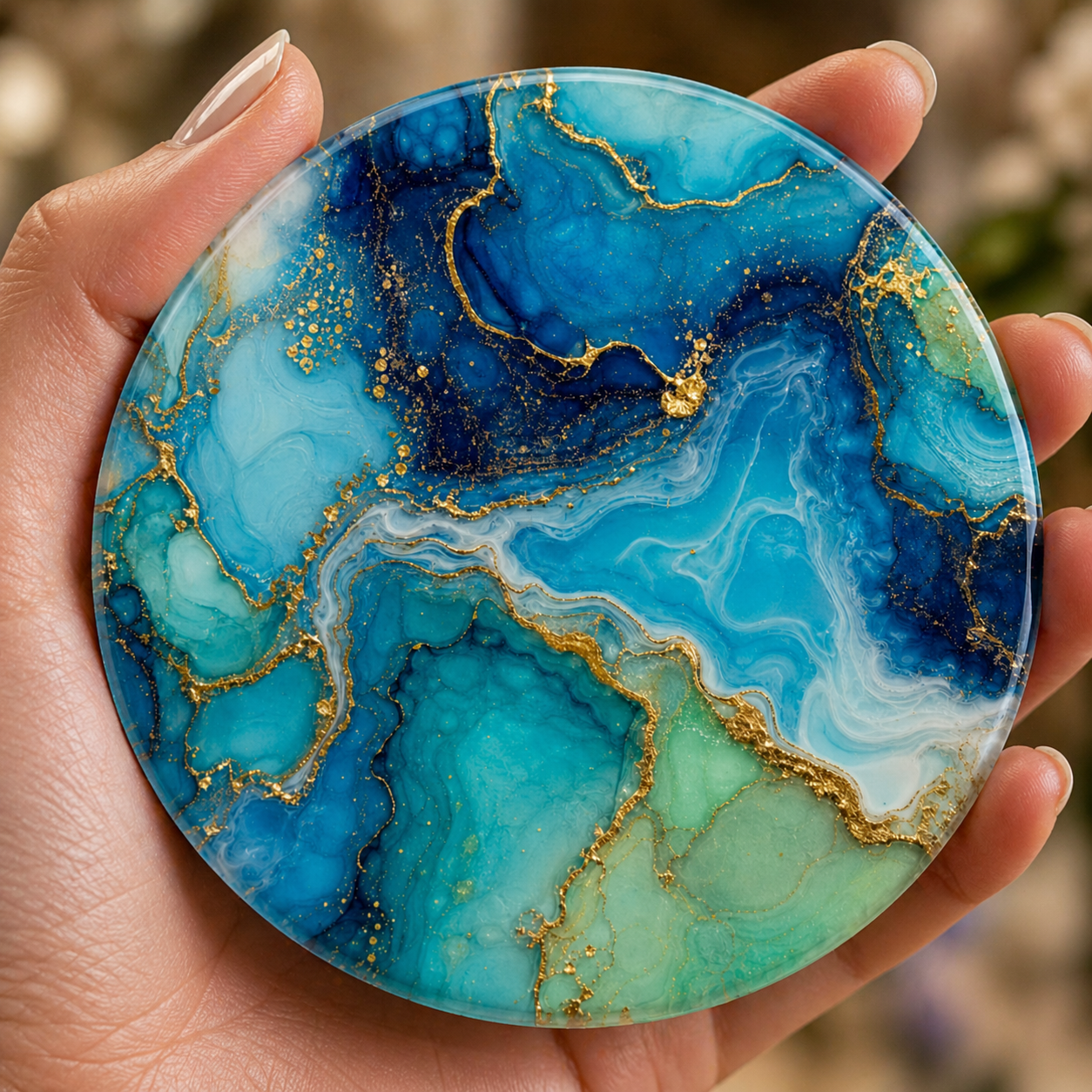 Ocean blue marble effect coaster with gold veining held in hand, round 9.5cm cork backed drink coaster coastal decor