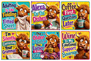 Set of six funny Highland Cow coasters featuring colourful cartoon cow illustrations with humorous quotes including coffee, wine, grammar and everyday life jokes, perfect for home or office use.