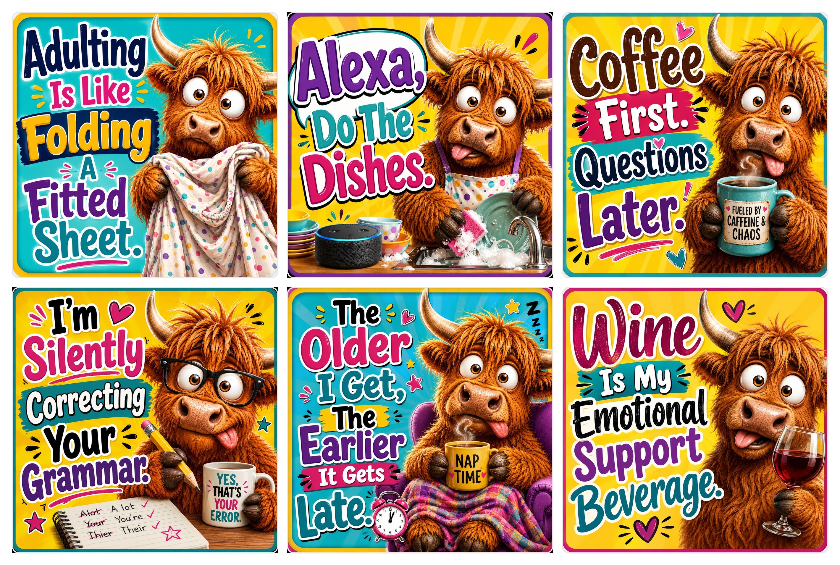 Set of six funny Highland Cow coasters featuring colourful cartoon cow illustrations with humorous quotes including coffee, wine, grammar and everyday life jokes, perfect for home or office use.