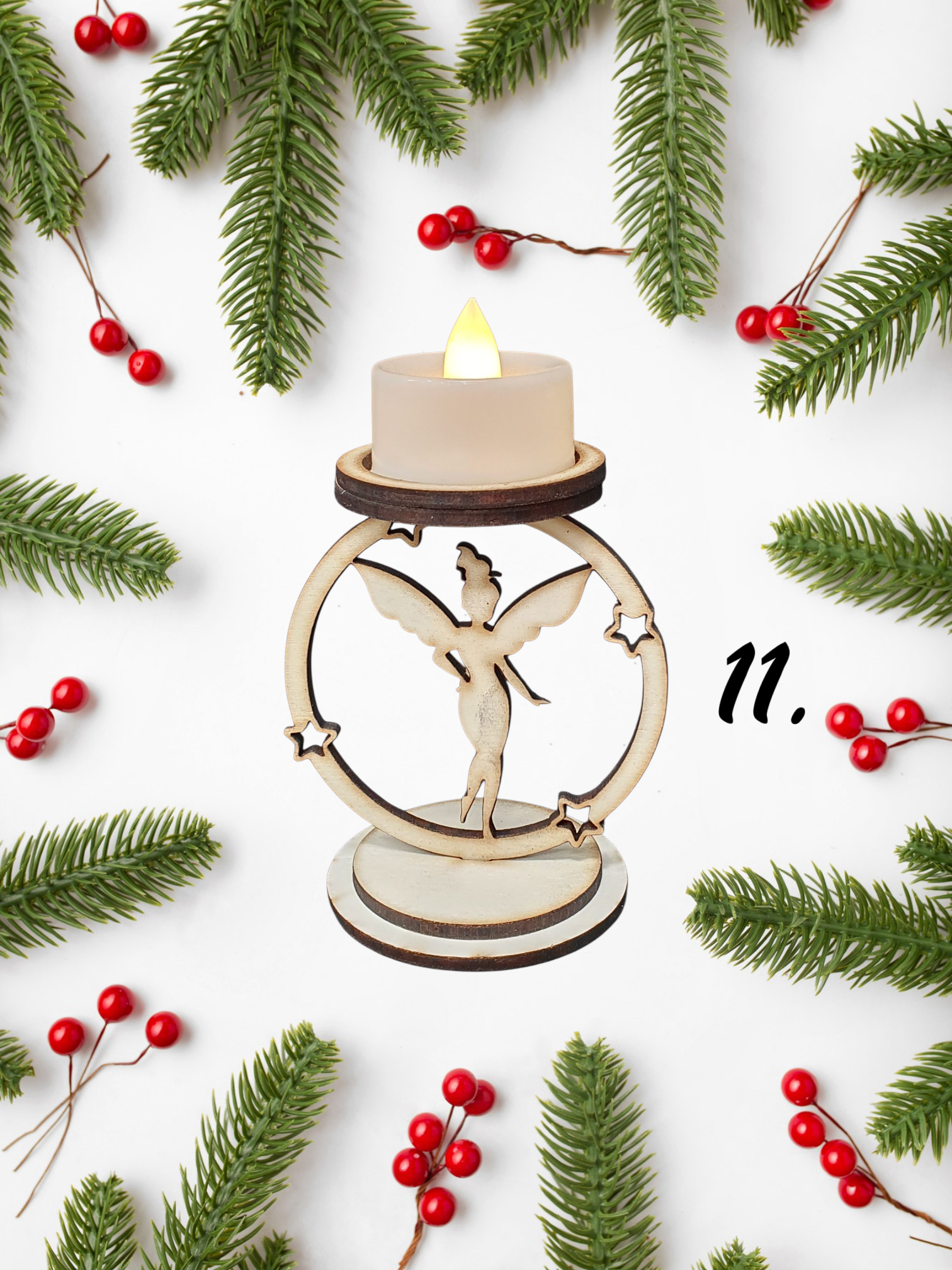 Set of 11 Wooden Christmas Candle Holders | Festive Table Décor