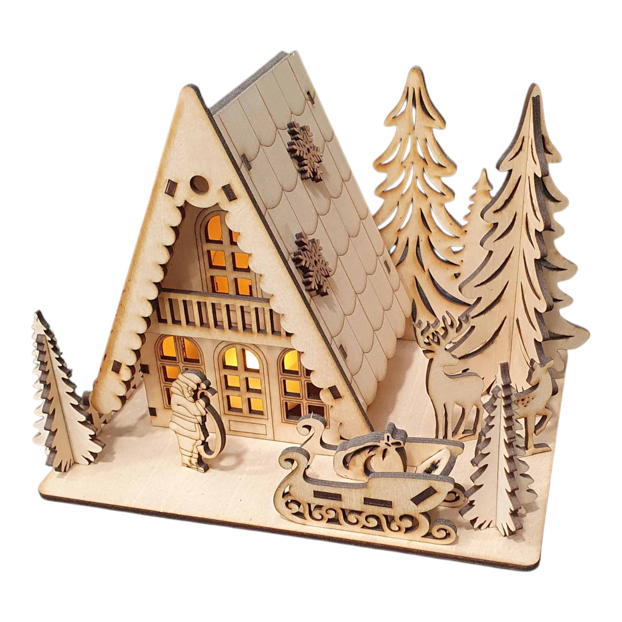 Laser Cut Wooden Christmas Scene | Light-Up Cabin & Reindeer Decor