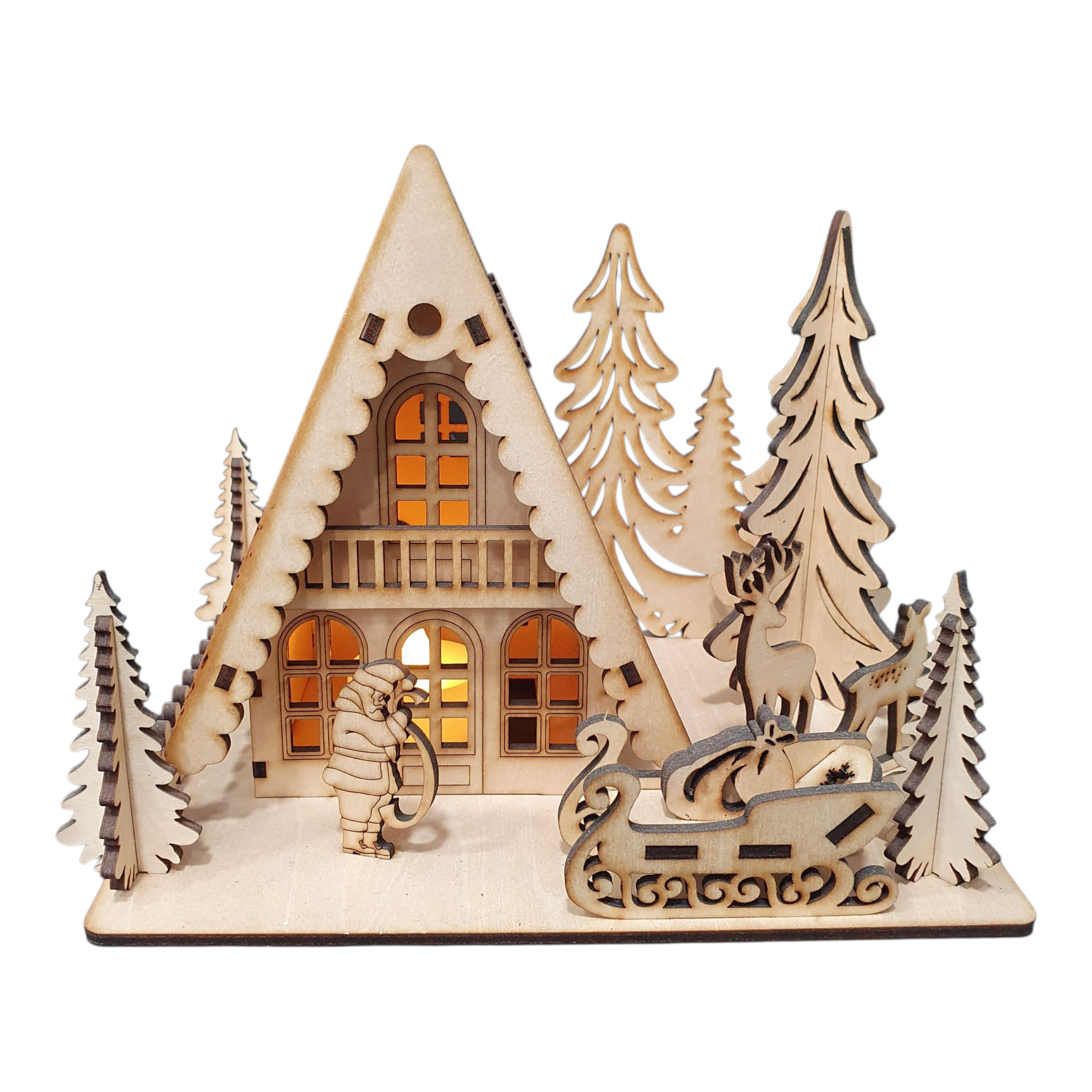 Laser Cut Wooden Christmas Scene | Light-Up Cabin & Reindeer Decor