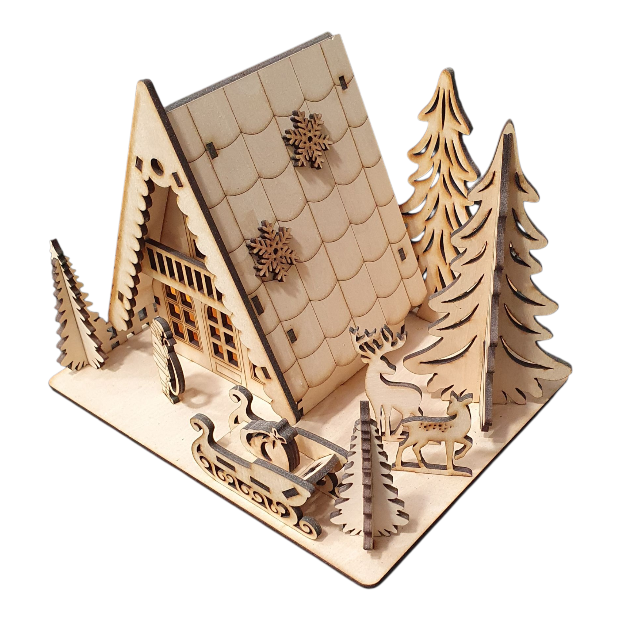 Laser Cut Wooden Christmas Scene | Light-Up Cabin & Reindeer Decor