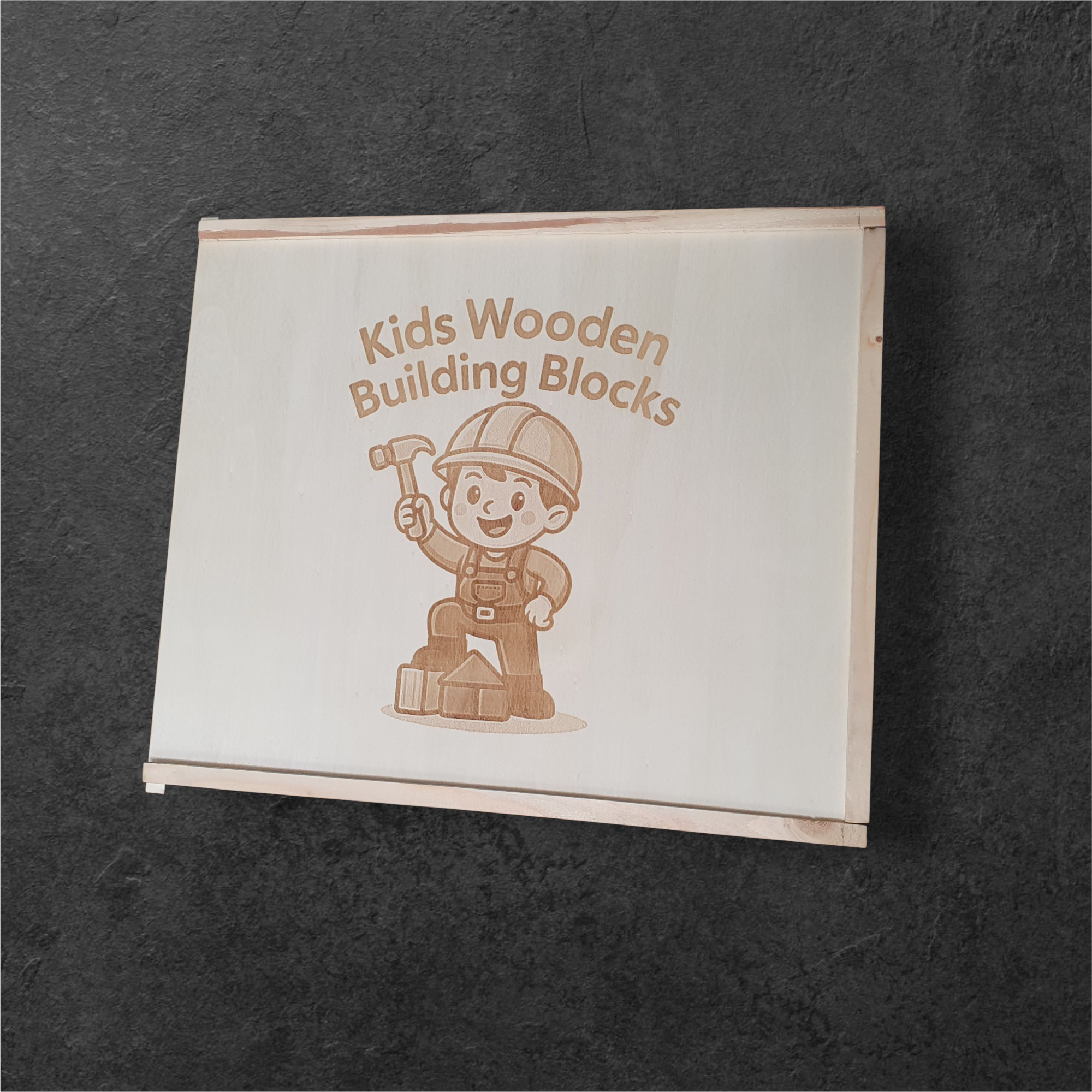 Natural wooden building blocks for children arranged neatly in storage case