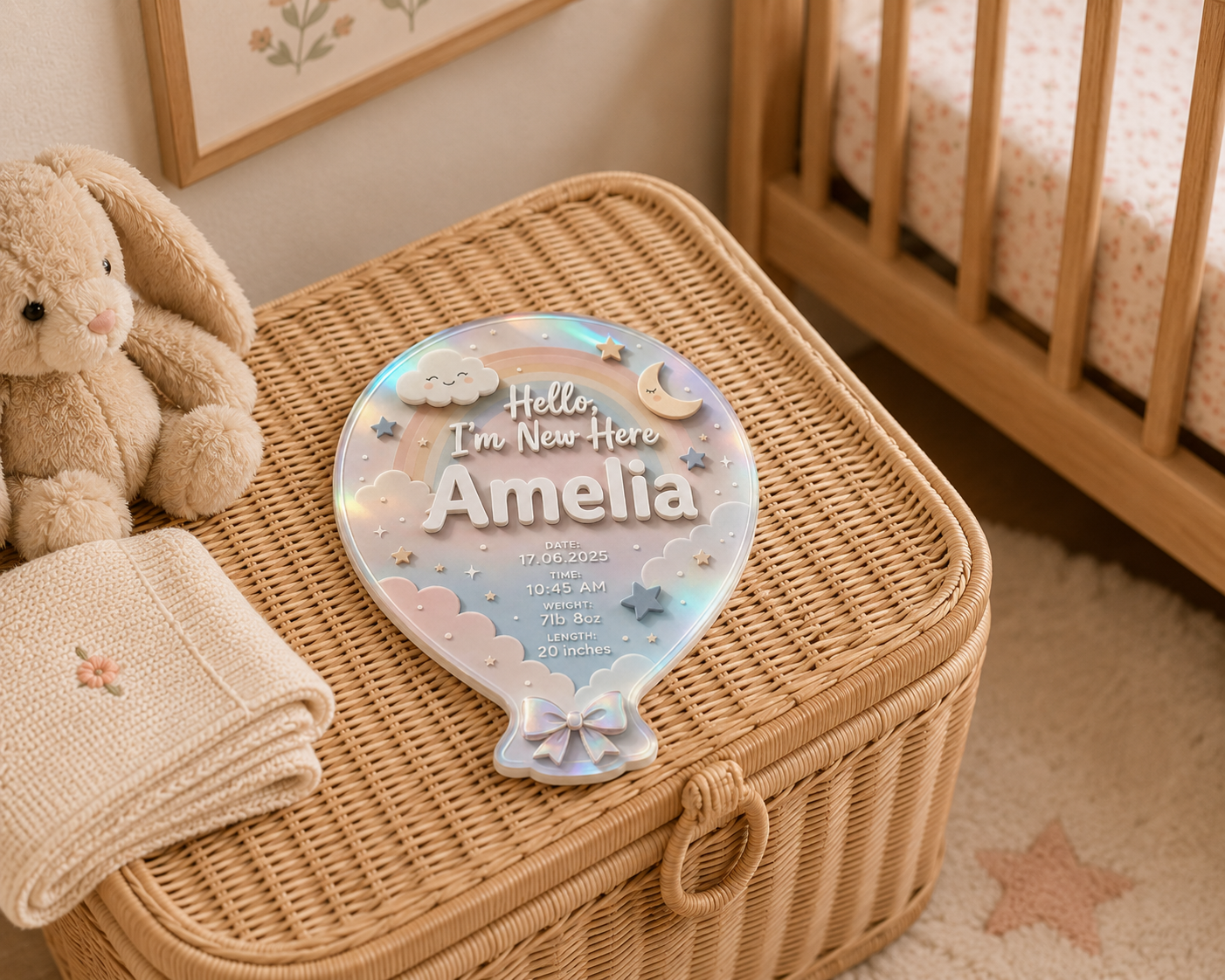 A personalized baby shower balloon-shaped keepsake plaque with an iridescent finish, reading 'Hello I'm Now Here Amelia', displayed on a woven rattan storage box in a nursery setting next to a plush bunny and a crib.