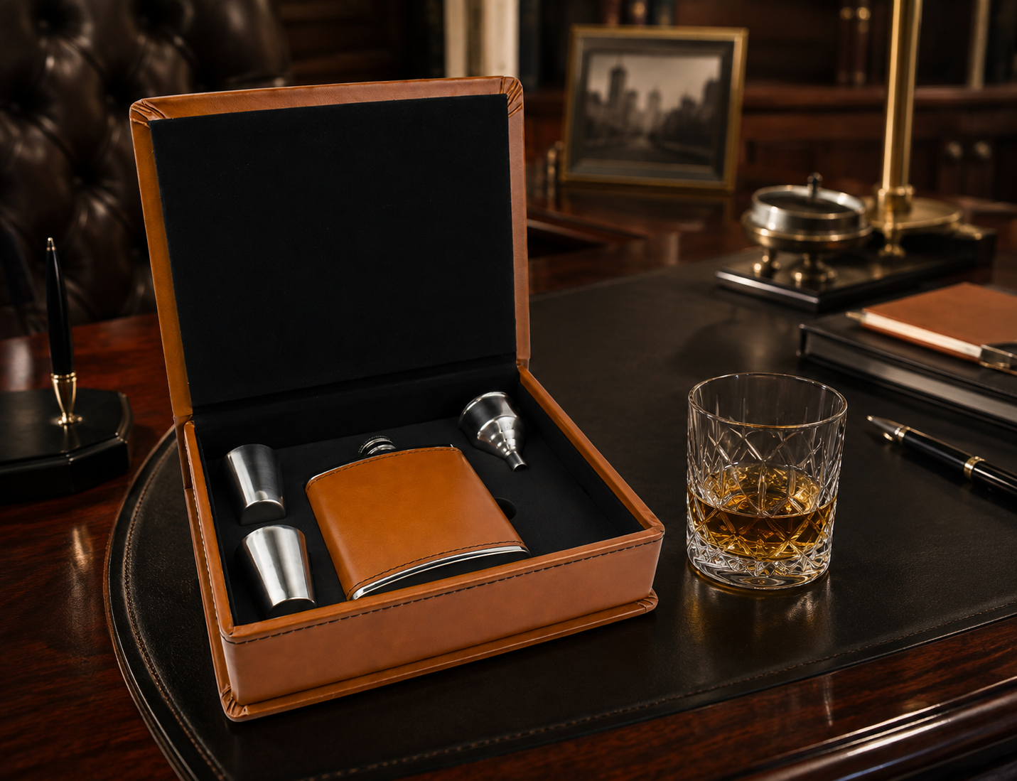 Personalised tan leather hip flask gift set with engraved flask, two shot cups, funnel and luxury presentation box.