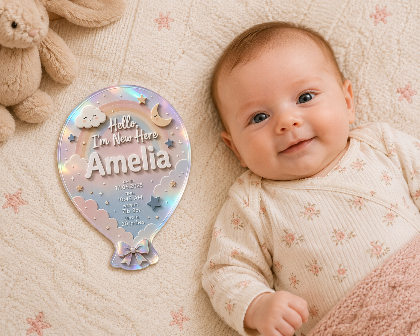 Personalised baby birth announcement balloon plaque with rainbow, smiling clouds, stars and crescent moon. Custom acrylic-style nursery sign displaying baby's name, birth date, time, weight and length in a soft pastel colour palette, ideal for newborn gifts and baby room décor.