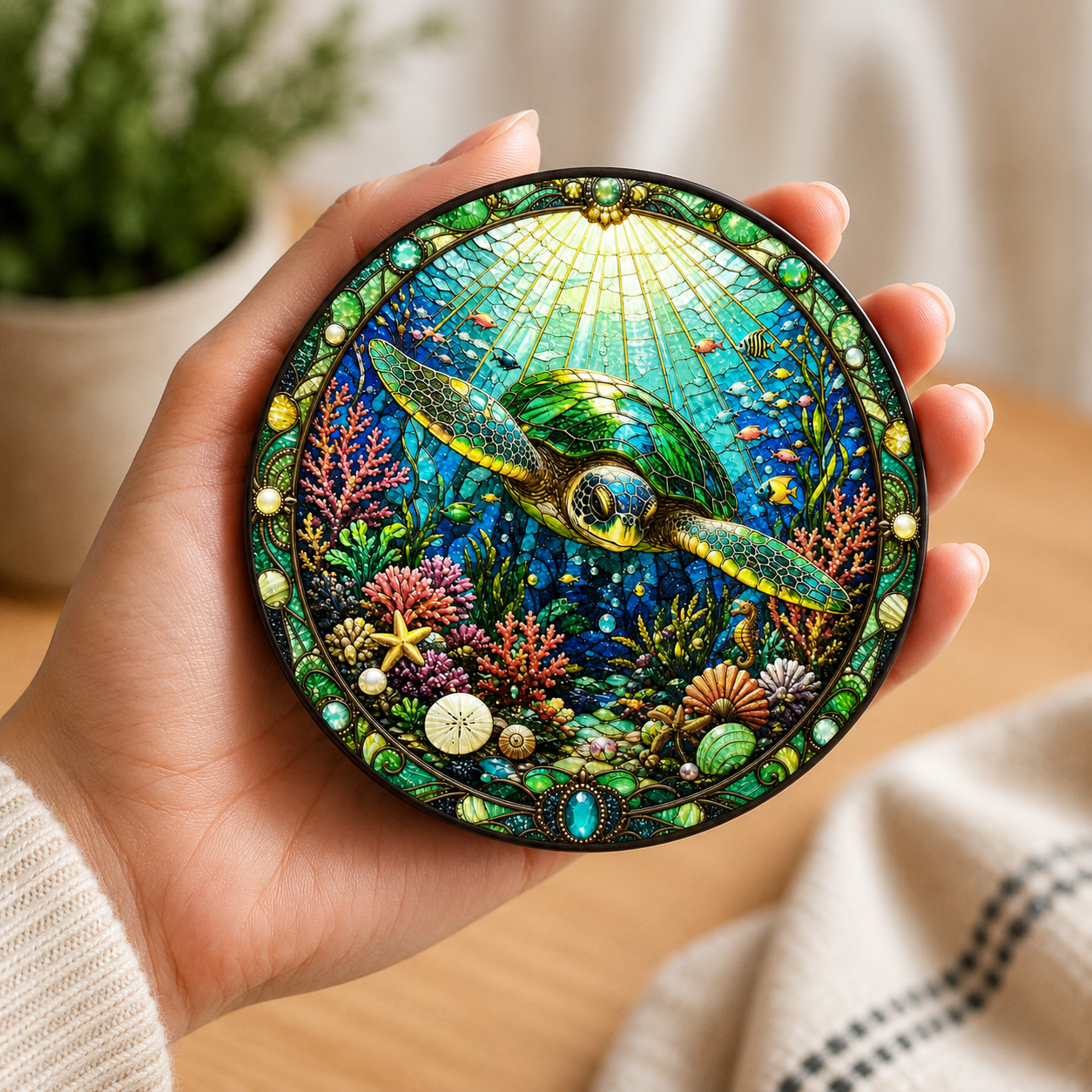 Set of four stained glass style sea turtle coasters featuring colourful underwater coral reefs, tropical fish and ocean scenes printed with vibrant textured UV inks on your choice of acrylic, wood or ceramic.