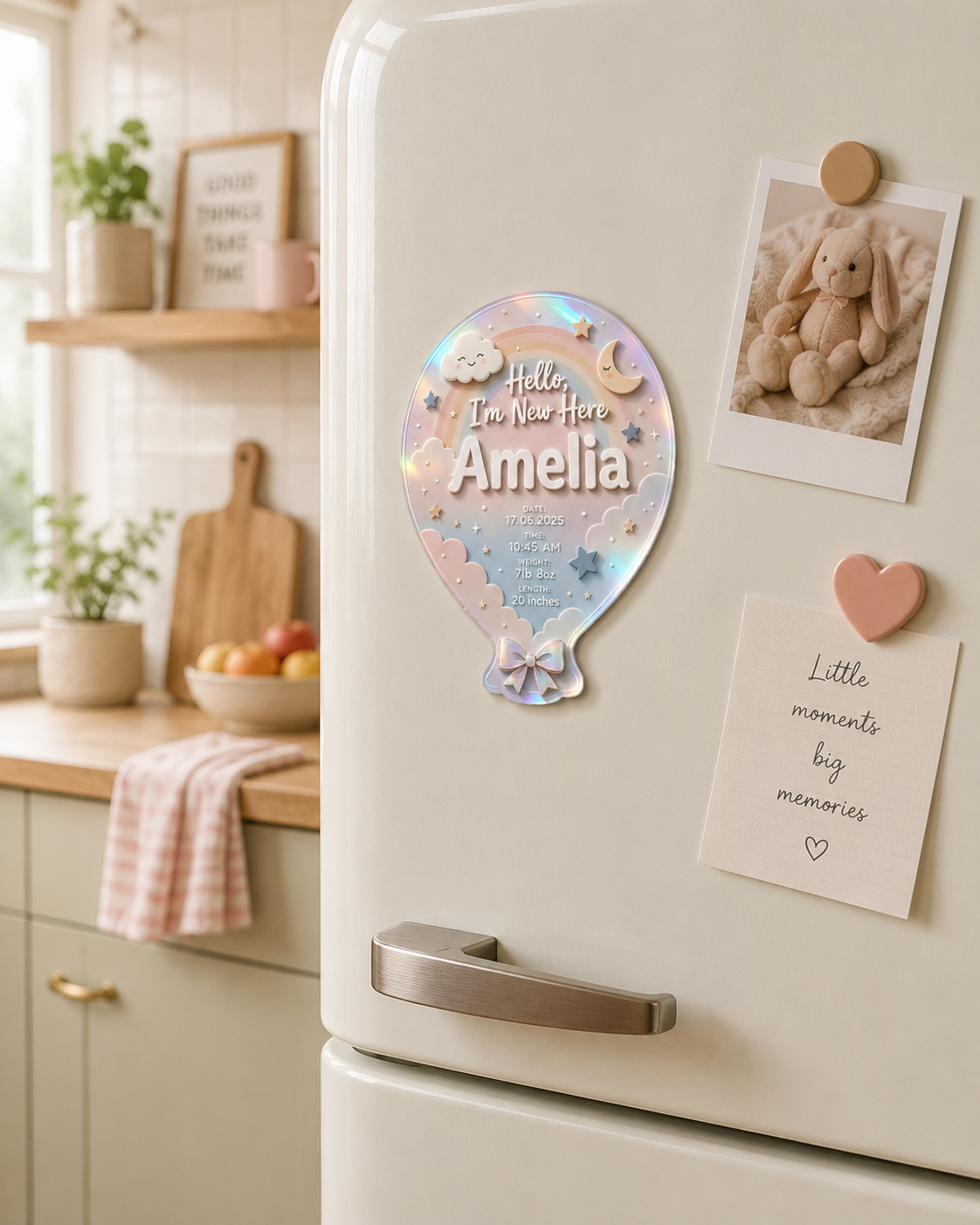 Personalised newborn keepsake plaque shaped like a hot air balloon featuring a pastel rainbow background, fluffy clouds, stars and moon. Customised with baby's name Amelia and birth details including date, time, weight and length, creating a beautiful nursery display and baby shower gift.