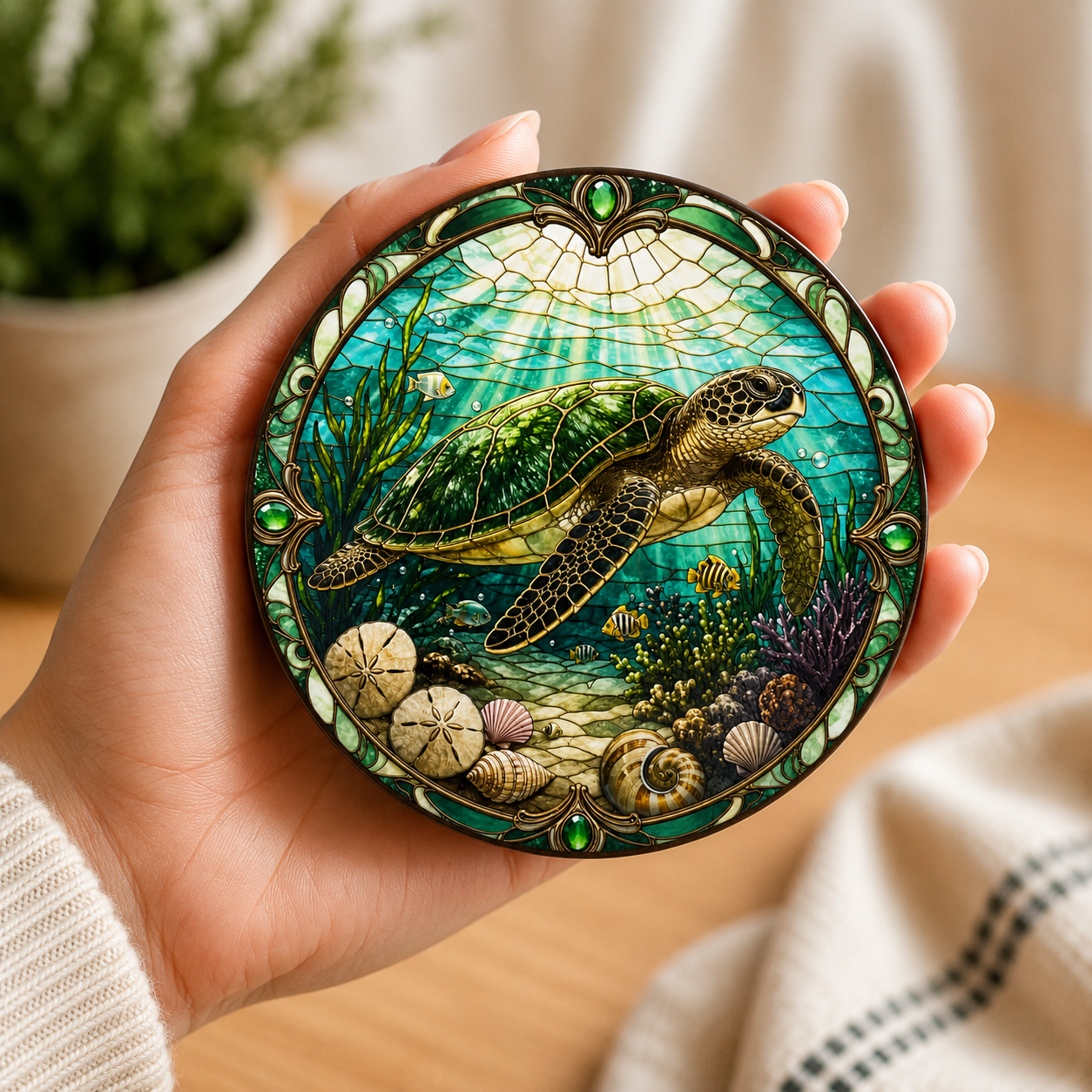Set of four stained glass style sea turtle coasters featuring colourful underwater coral reefs, tropical fish and ocean scenes printed with vibrant textured UV inks on your choice of acrylic, wood or ceramic.