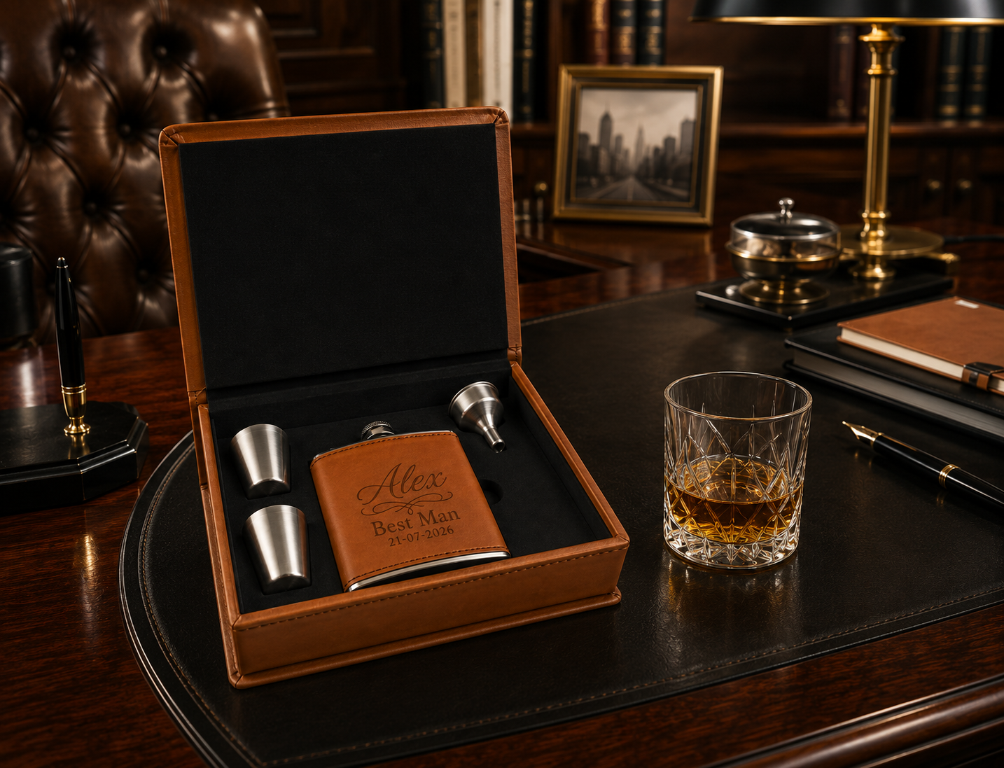 Personalised tan leather hip flask gift set with engraved flask, two shot cups, funnel and luxury presentation box.