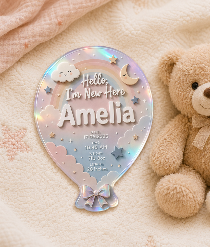 Custom pastel rainbow baby announcement plaque in a balloon shape featuring the name Amelia with birth date, time, weight and length. Decorative clouds, stars, moon and rainbow design in soft pink, blue and cream colours, perfect as a personalised newborn keepsake gift or nursery decoration.