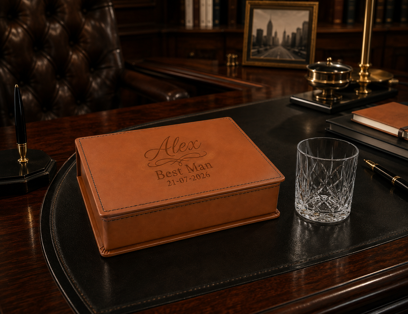 Personalised tan leather hip flask gift set with engraved flask, two shot cups, funnel and luxury presentation box.