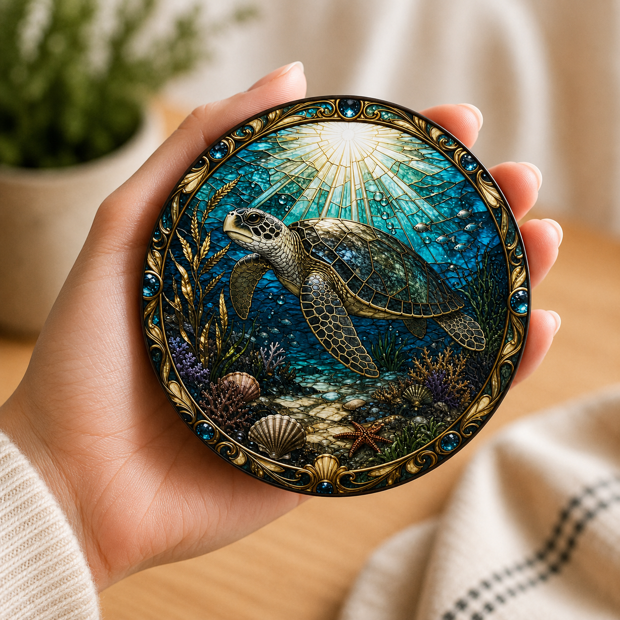 Set of four stained glass style sea turtle coasters featuring colourful underwater coral reefs, tropical fish and ocean scenes printed with vibrant textured UV inks on your choice of acrylic, wood or ceramic.