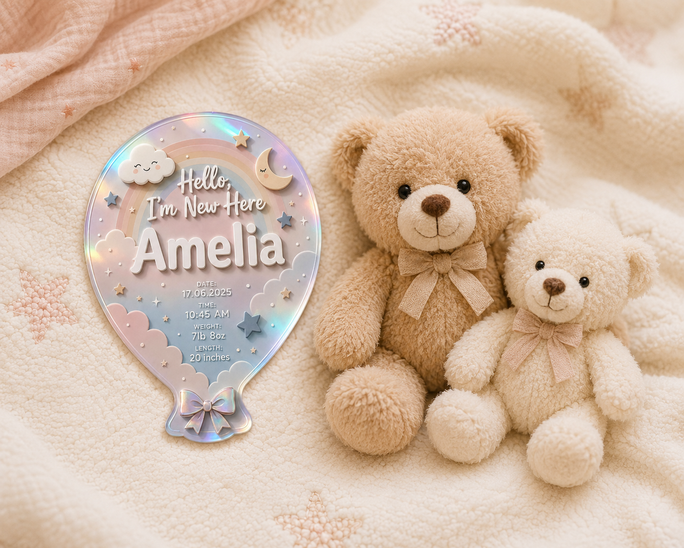 Custom baby announcement sign with pastel rainbow and celestial theme. Balloon-shaped personalised plaque featuring baby's name, birth statistics, smiling clouds, stars, moon and elegant bow, designed as a unique newborn keepsake for nursery décor or thoughtful new baby gift.