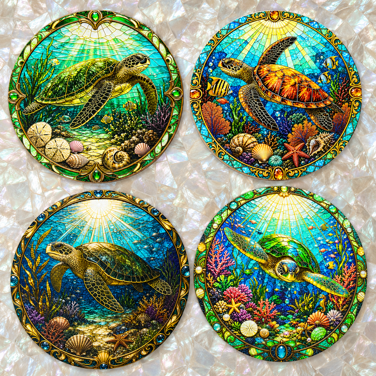 Set of four stained glass style sea turtle coasters featuring colourful underwater coral reefs, tropical fish and ocean scenes printed with vibrant textured UV inks on your choice of acrylic, wood or ceramic.