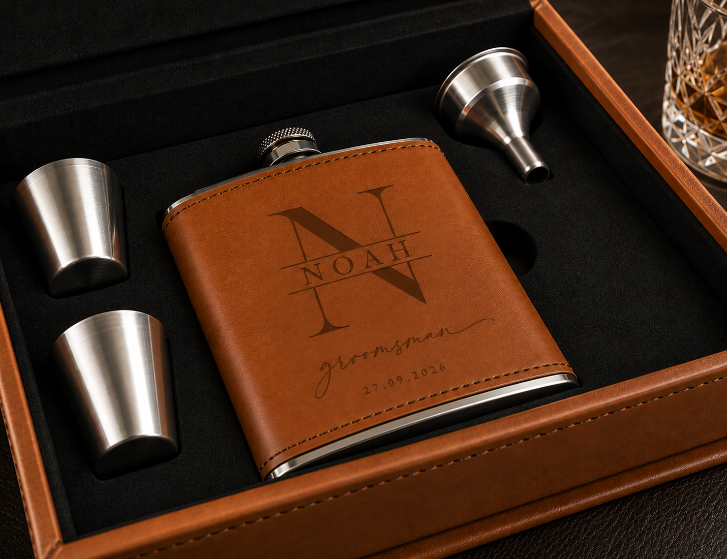 Personalised tan leather hip flask gift set with engraved flask, two shot cups, funnel and luxury presentation box.