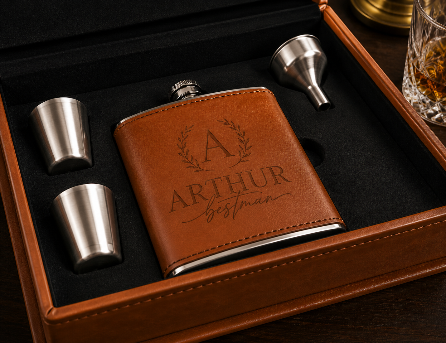 Personalised tan leather hip flask gift set with engraved flask, two shot cups, funnel and luxury presentation box.