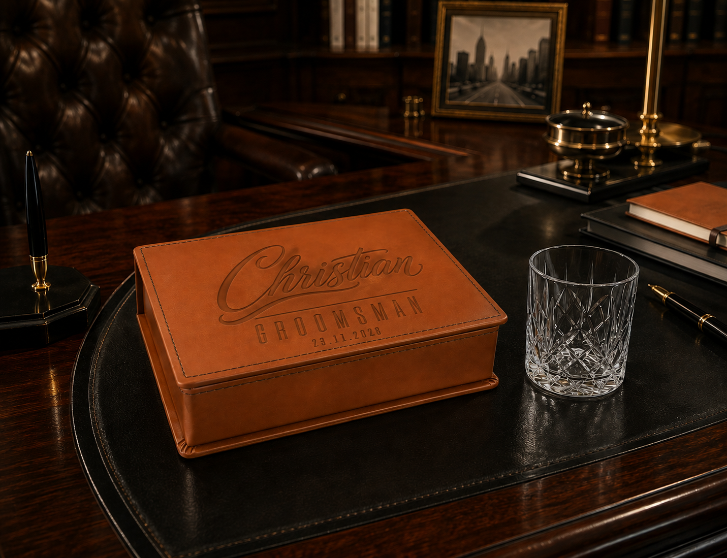 Personalised tan leather hip flask gift set with engraved flask, two shot cups, funnel and luxury presentation box.