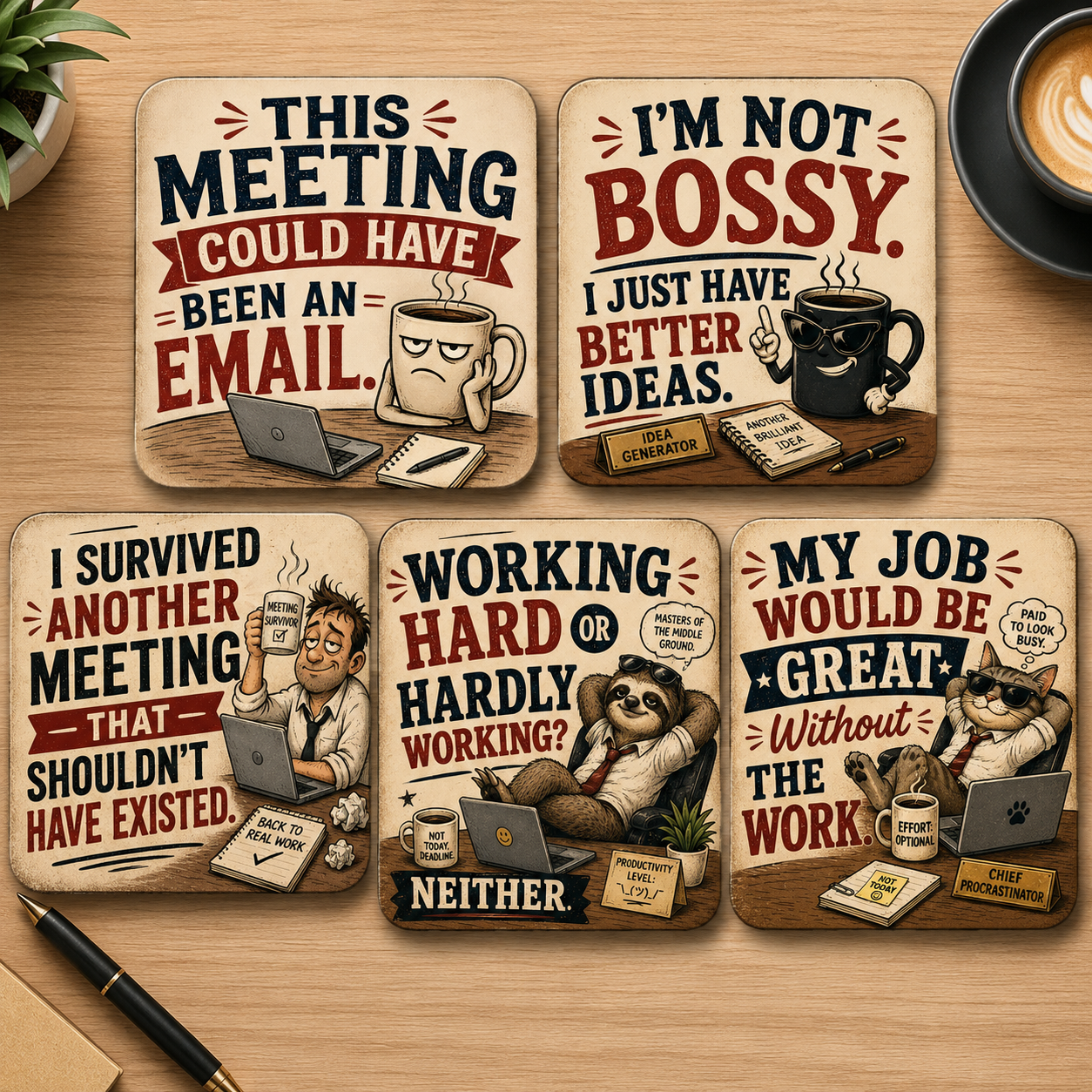 Set of five funny workplace coasters featuring humorous office quotes about meetings, bosses, procrastination and work, perfect for desks, home offices and coffee tables.