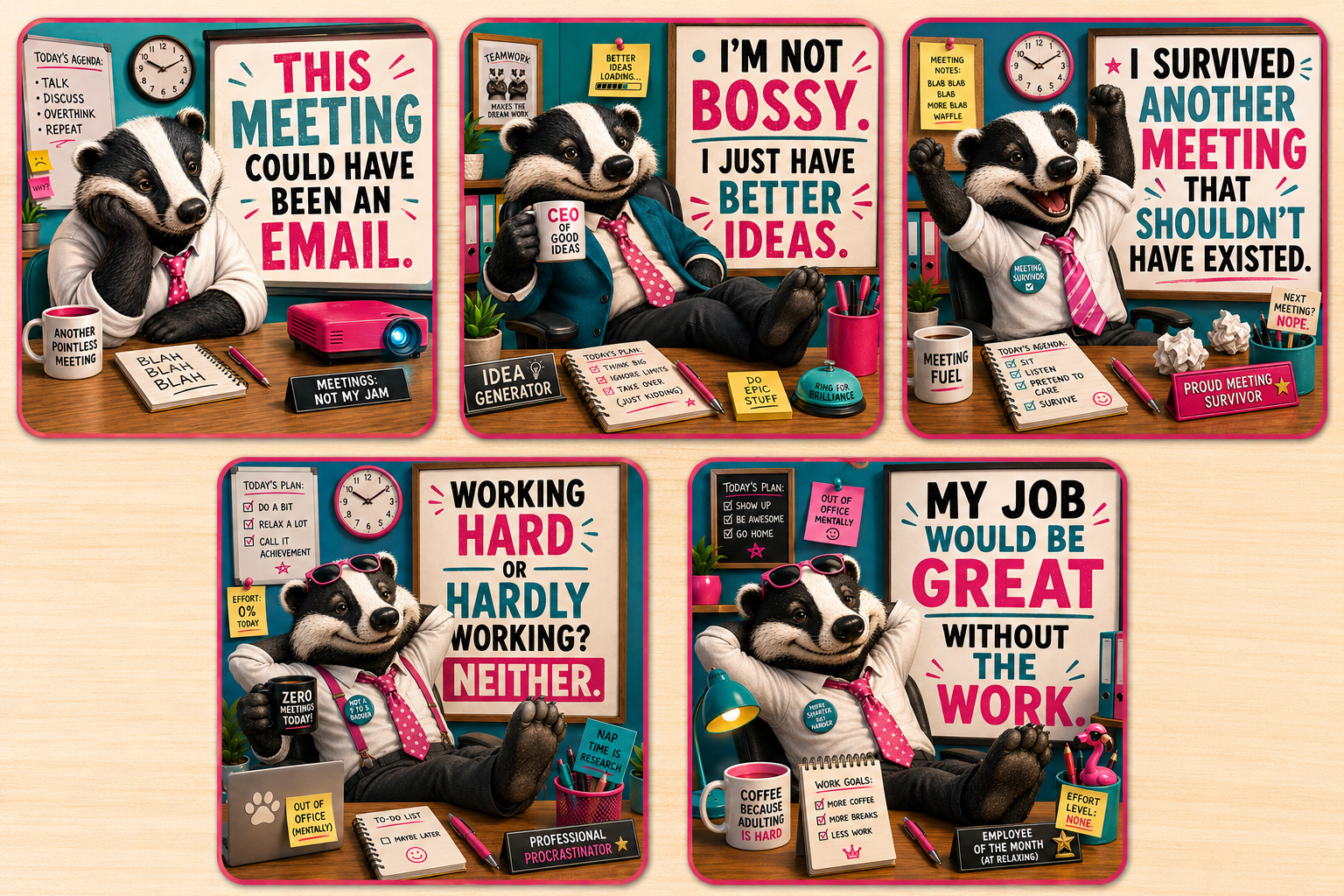 Set of five funny workplace coasters featuring humorous office quotes about meetings, bosses, procrastination and work, perfect for desks, home offices and coffee tables.
