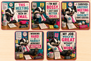 Set of five funny workplace coasters featuring humorous office quotes about meetings, bosses, procrastination and work, perfect for desks, home offices and coffee tables.