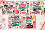Set of five funny workplace coasters featuring humorous office quotes about meetings, bosses, procrastination and work, perfect for desks, home offices and coffee tables.