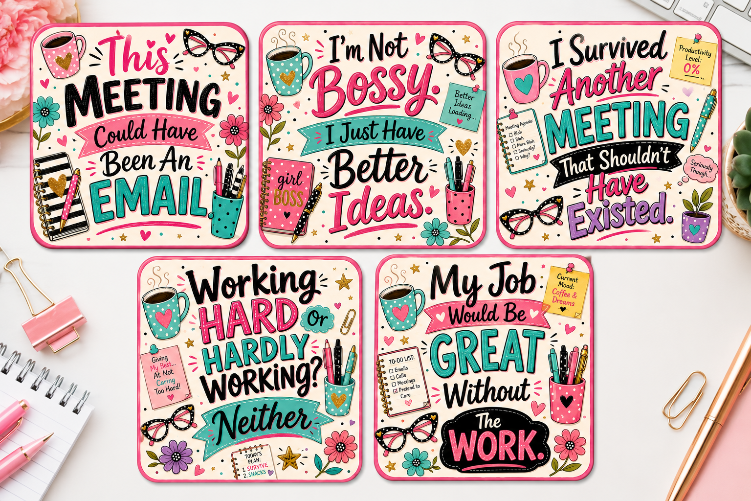 Set of five funny workplace coasters featuring humorous office quotes about meetings, bosses, procrastination and work, perfect for desks, home offices and coffee tables.