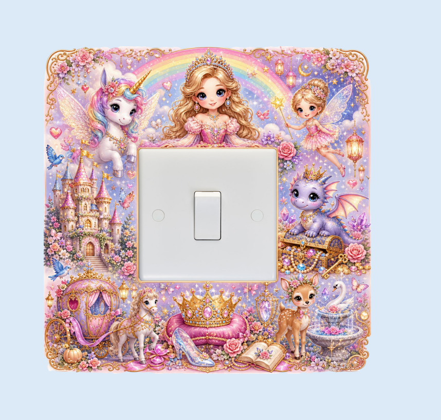 A decorative single-toggle light switch cover plate featuring a whimsical fairy tale illustration with a princess, unicorn, dragon, castle, flowers, and a rainbow on a pastel pink and lavender background.