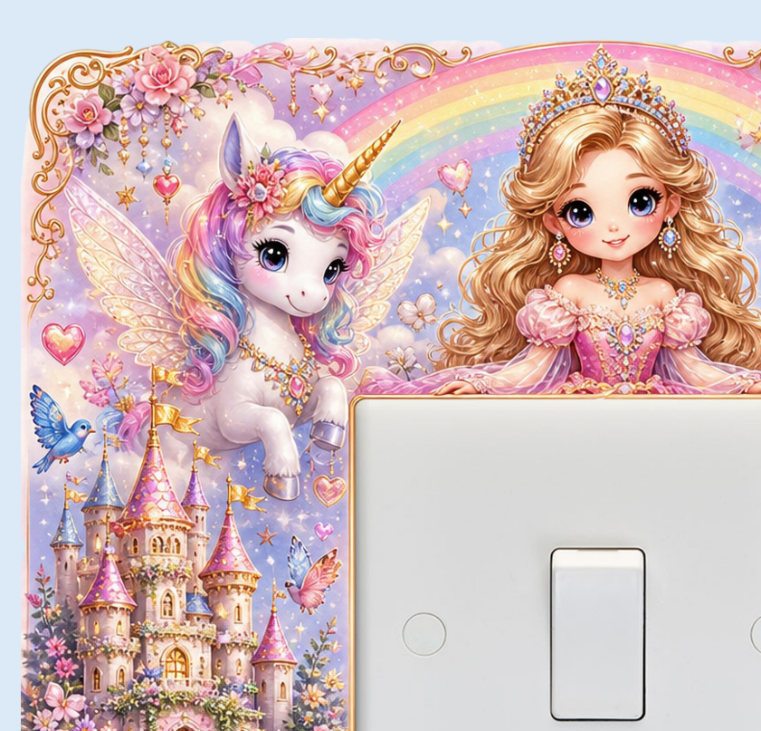 A decorative light switch cover plate featuring a whimsical fantasy illustration with a unicorn, a princess in a crown, a rainbow, flowers, and a castle on a pastel background. The right side shows part of a white wall switch plate underneath.