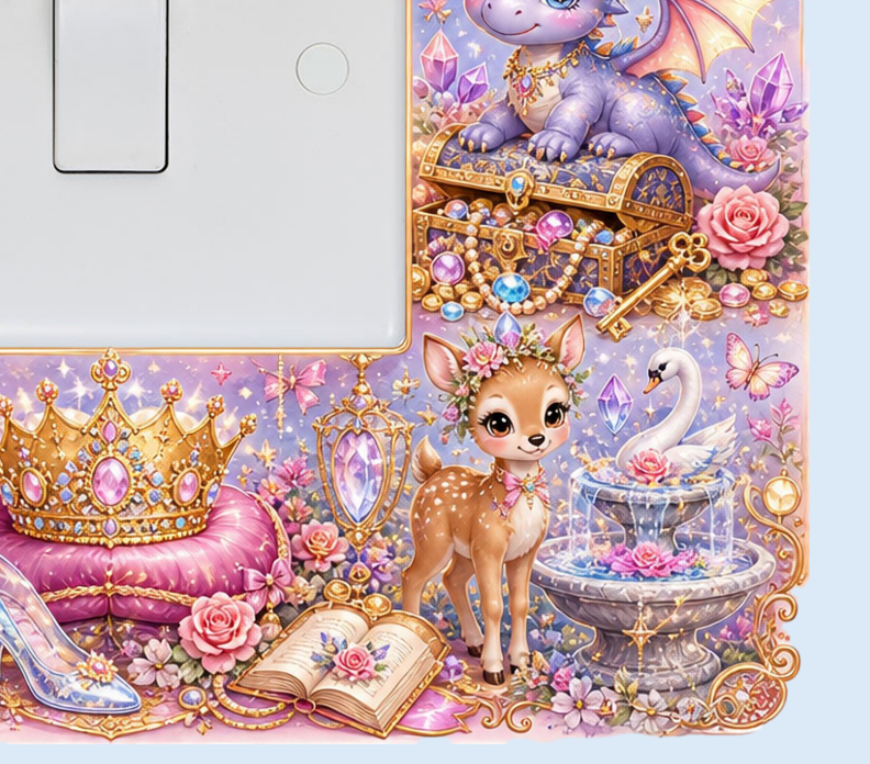 A decorative wall sticker or decal featuring a whimsical fairy tale scene with a purple dragon, treasure chest, golden crown, swan, fountain, flowers, and a deer, shown applied around a light switch on a white wall.