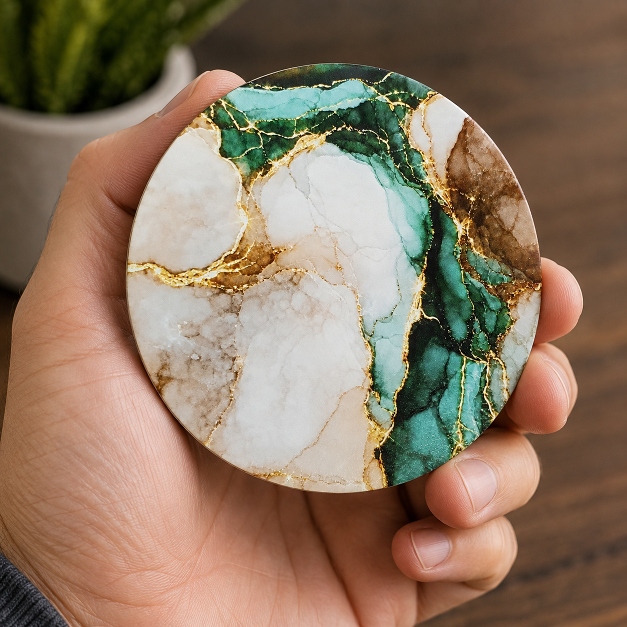 A hand holding a round coaster with a green, white, and gold marble pattern against a blurred wooden background.