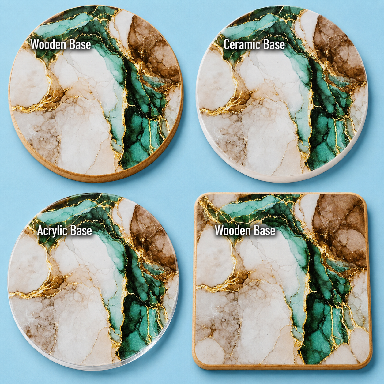 Four coasters with a green, brown, and gold marble pattern arranged in a 2x2 grid on a light blue background. Two coasters are round and two are square, with labels indicating the base materials: Wooden Base, Ceramic Base, and Acrylic Base.