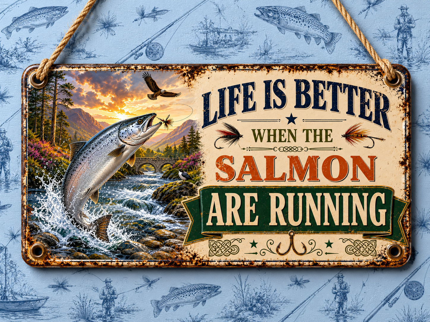 Vintage-style Salmon fishing acrylic wall sign with humorous quote, realistic jumping trout illustration and hanging chain, perfect gift for fishermen, sheds, cabins and home bars.