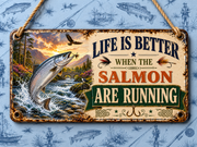 Vintage-style Salmon fishing acrylic wall sign with humorous quote, realistic jumping trout illustration and hanging chain, perfect gift for fishermen, sheds, cabins and home bars.