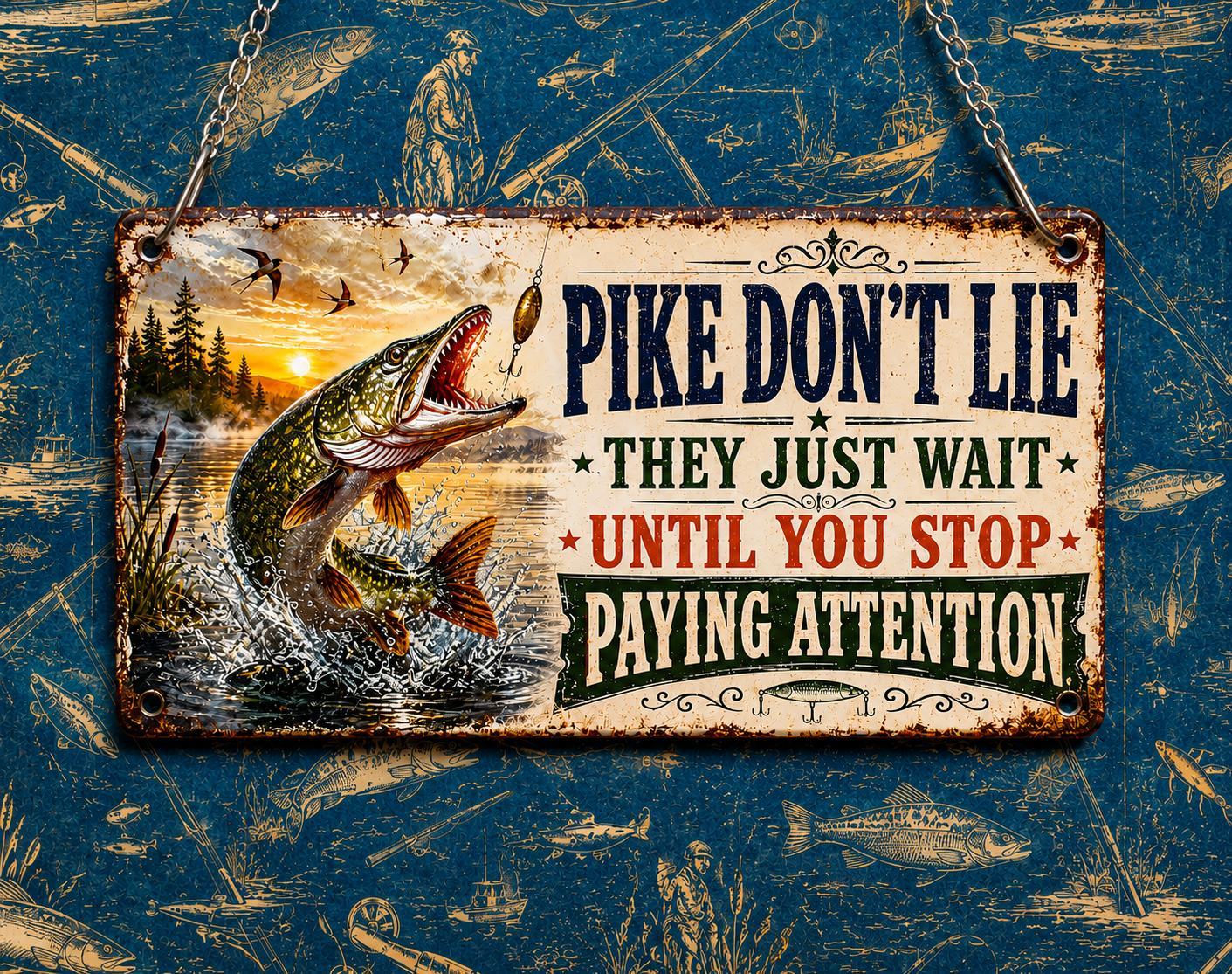 Funny "Pike Don't Lie" acrylic hanging fishing sign featuring a leaping Northern Pike and vintage distressed artwork, complete with metal hanging chain for man caves, fishing lodges and anglers.