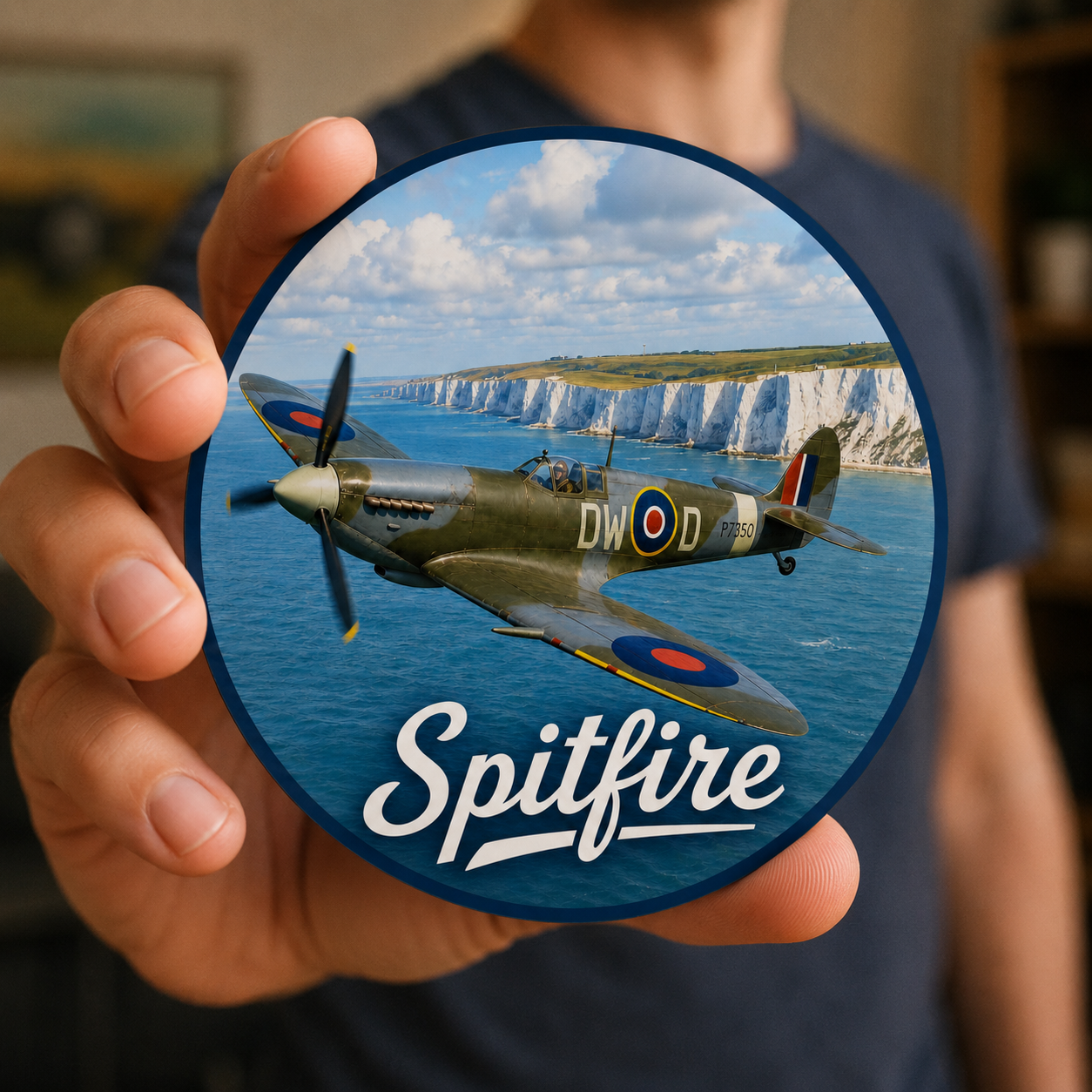 WW2 Supermarine Spitfire acrylic coaster with cork backing featuring iconic RAF fighter aircraft flying along the White Cliffs coastline.