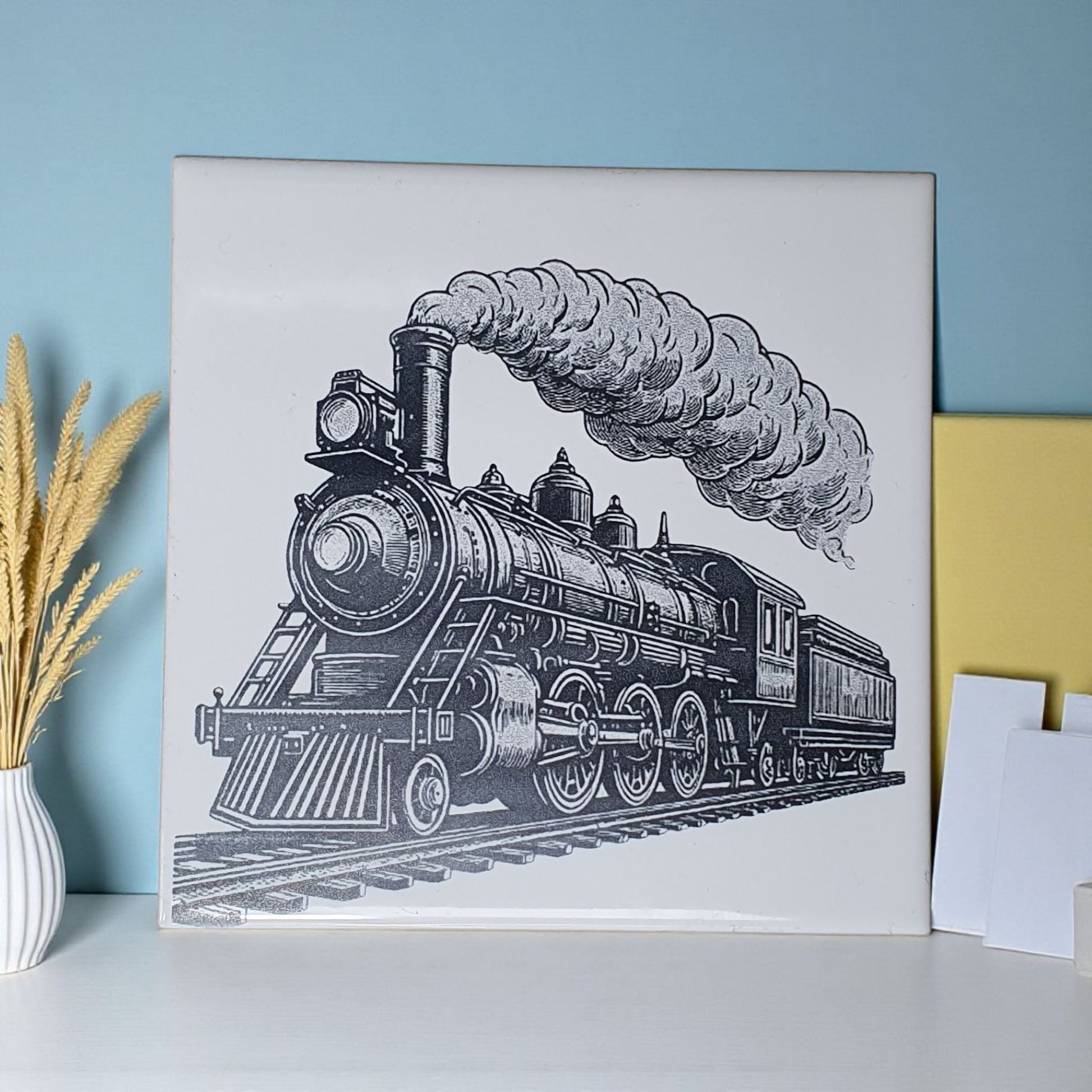 White Tile with steam train under power.