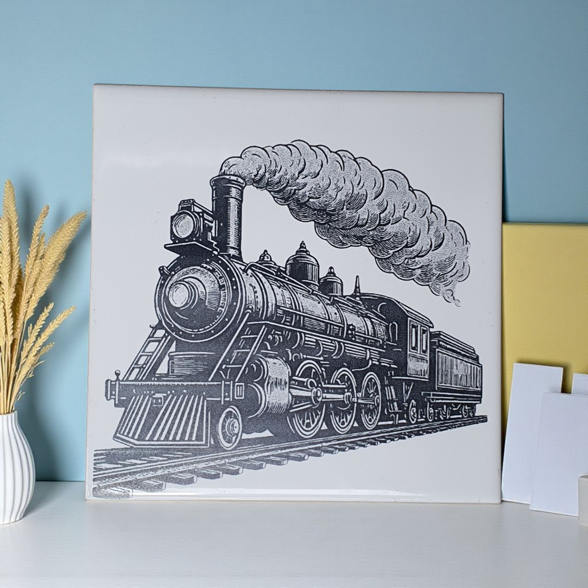 White Tile with steam train under power.