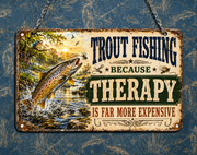 Vintage-style Trout fishing acrylic wall sign with humorous quote, realistic jumping trout illustration and hanging chain, perfect gift for fishermen, sheds, cabins and home bars.
