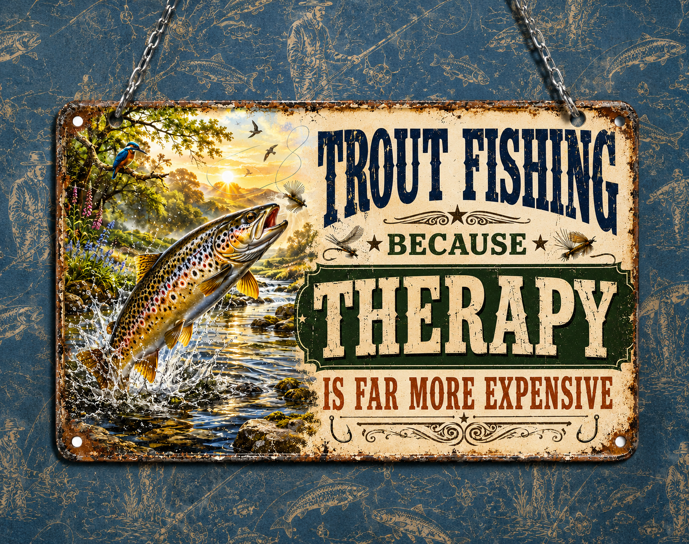 Vintage-style Trout fishing acrylic wall sign with humorous quote, realistic jumping trout illustration and hanging chain, perfect gift for fishermen, sheds, cabins and home bars.