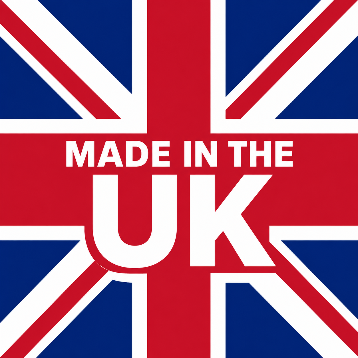 A square graphic featuring the Union Jack flag with large white text reading 'MADE IN THE UK' across the center.