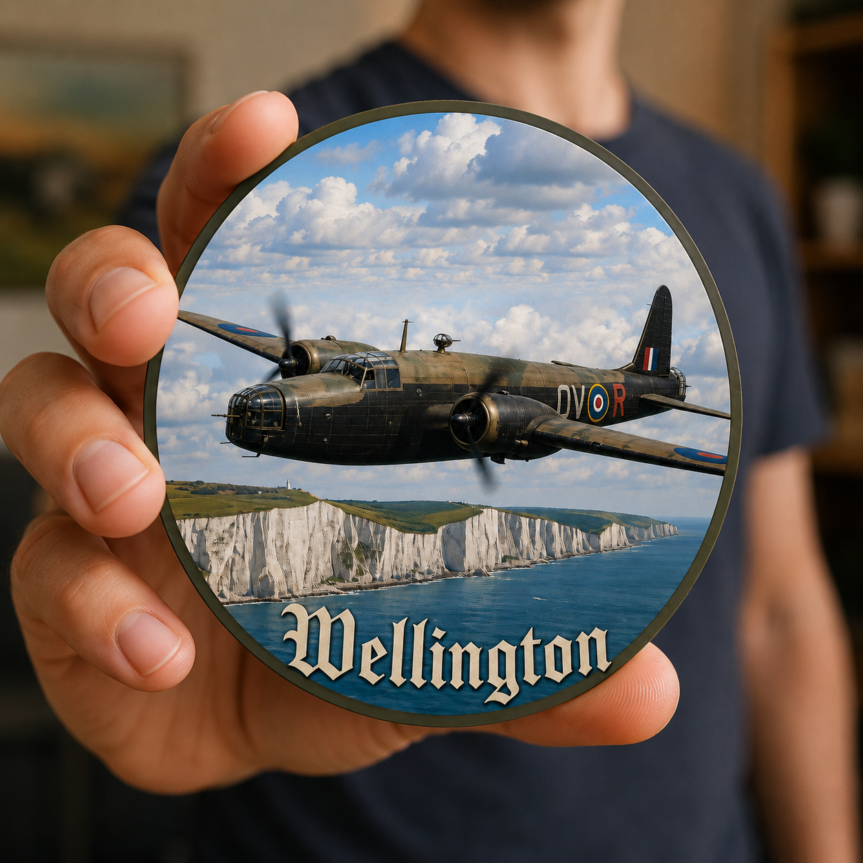 WW2 Vickers Wellington bomber acrylic coaster with cork backing featuring British RAF aircraft flying above coastal cliffs.