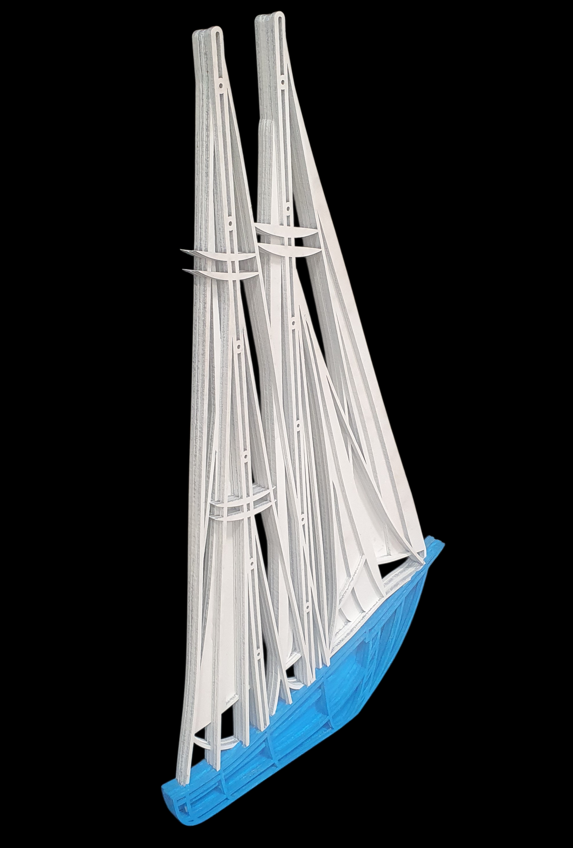 3D wooden sailboat wall decor featuring twin masts