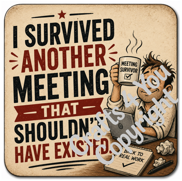 Funny office coaster collection with witty quotes about meetings, productivity and working life, designed to add personality to any workspace, break room or home office.