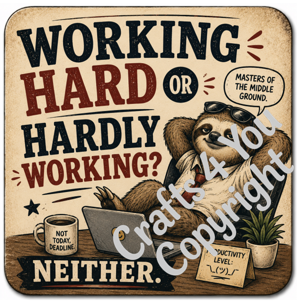 Sarcastic workplace coaster set featuring humorous illustrations of coffee mugs, sloths and cats alongside funny work-related slogans, making a great leaving, retirement or Secret Santa gift.